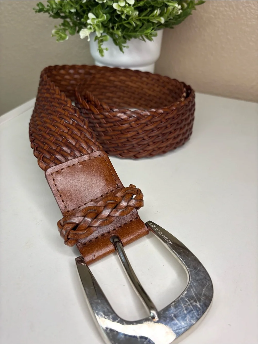 Michael Kors Brown Woven Leather Belt Silver Buckle Size Large